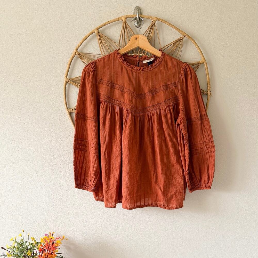 Rust Terracota Cotton Victorian Cottagecore Boho Flowy Blouse Top Crochet Lace S